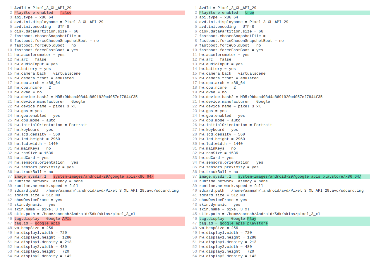 Screenshot: AVD Device config.ini differeneces