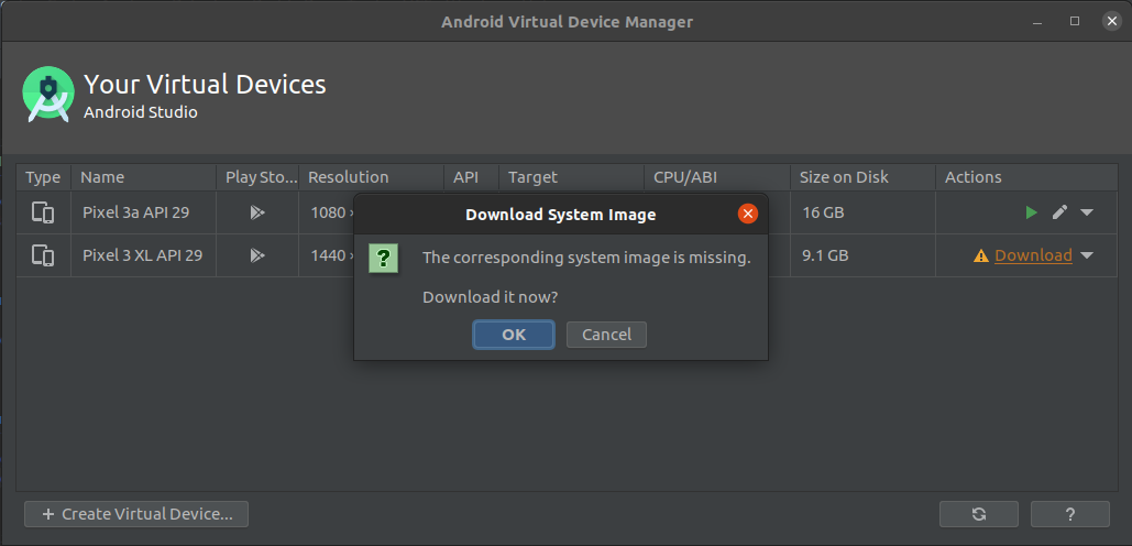 Screenshot: Installing system image in AVD Manager