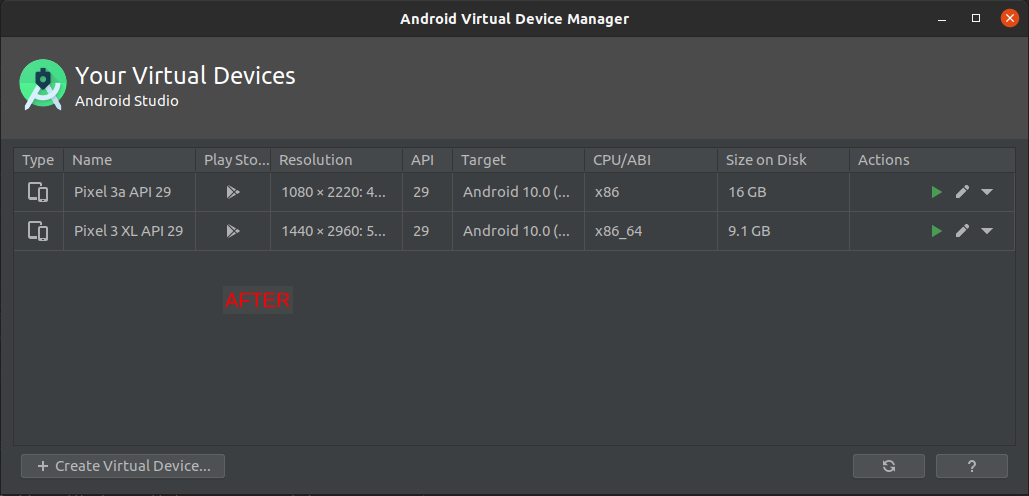 Screenshot: AVD Manager after Play Store install on Google Pixel 3 XL
