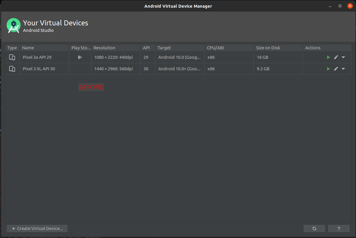 Screenshot: AVD Manager before Play Store install on Google Pixel 3 XL