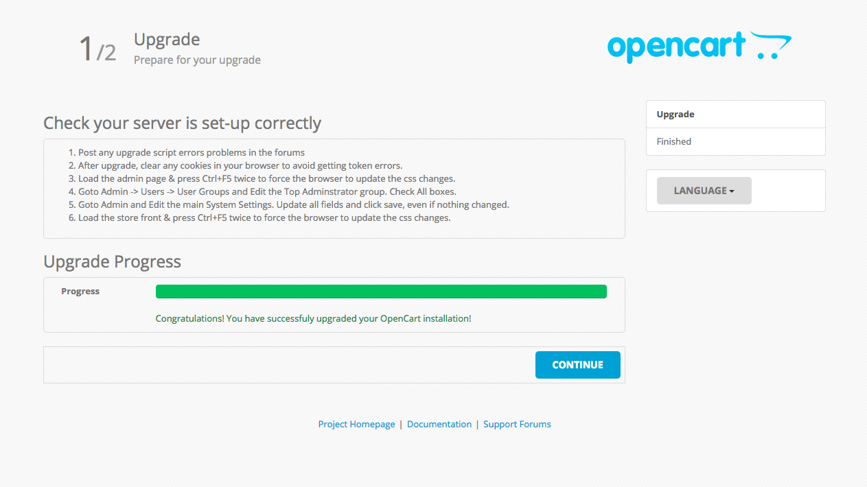 opencart upgrade successful