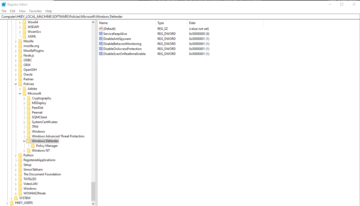 screenshot of set values in registry editor