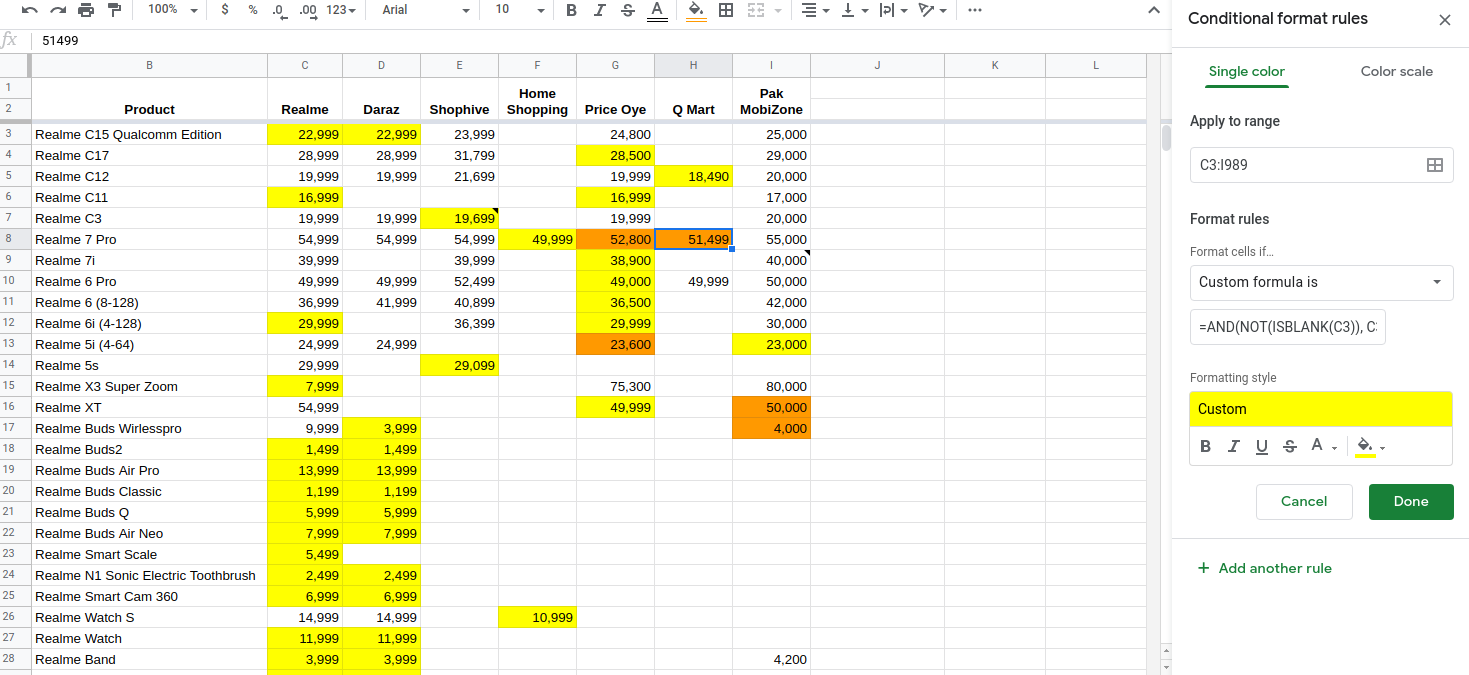 screenshot of conditional formatting rules in action